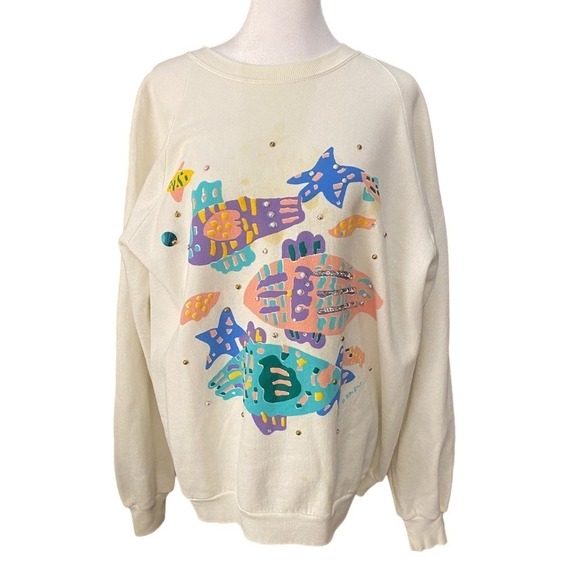 Vintage 80s Ken Done Australia Pullover Sweatshirt Long Sleeve White Medium - Picture 1 of 11